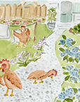 Illustration of chickens and flowers on a green background