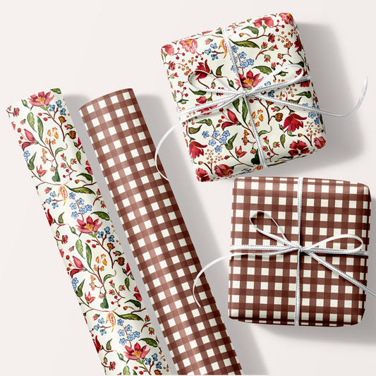 Holiday Floral and Gingham Wrapping Paper Set