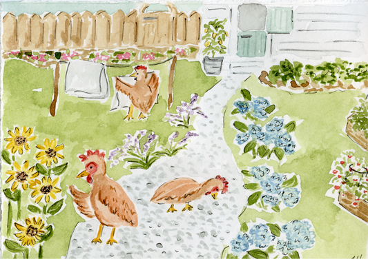 Illustration of chickens and flowers on a green background