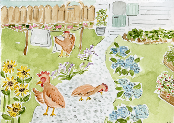 Illustration of chickens and flowers on a green background
